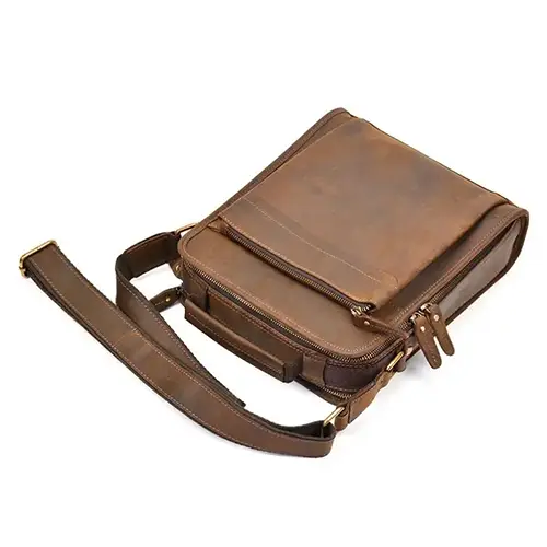 Vintage Leather Men's Crossbody Bag with Top Handle and Zippered Compartments